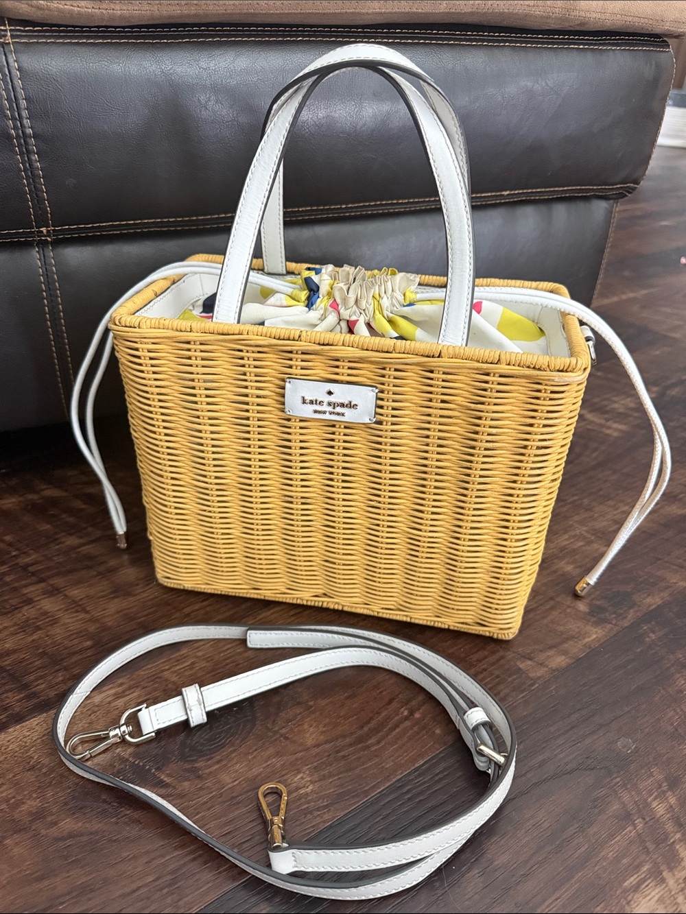kate spade Yellow Wicker Lemon Tote with White Leather Handles and Drawstring